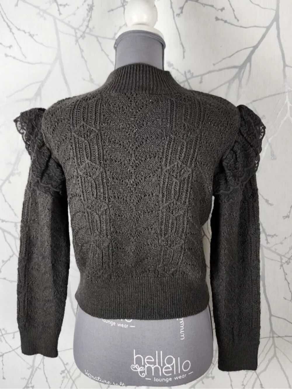 Zara Gray Lace Ruffle Trim Mockneck Cropped Sweater